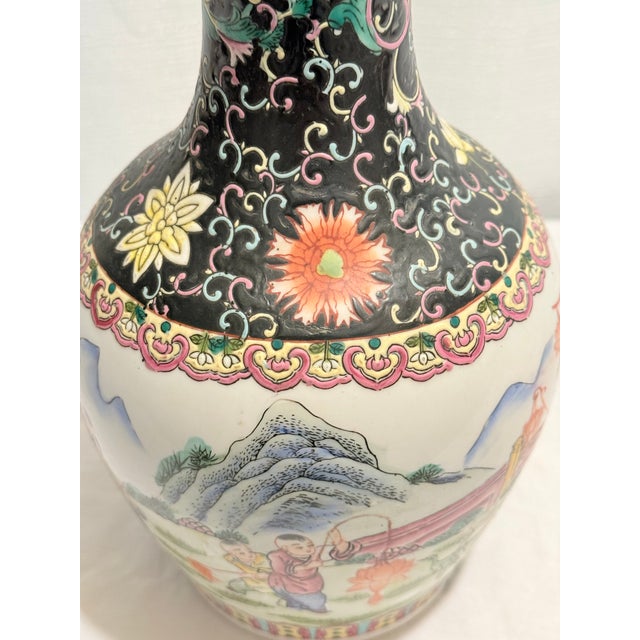 Ceramic Vintage 14" Famille Noire & Rose "Boys at Play" Vase by Turtle and Crane - Chinoiserie Chic For Sale - Image 7 of 9