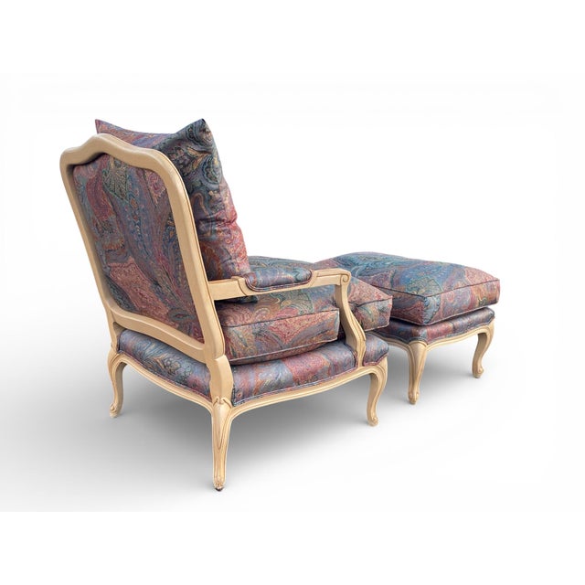 1990s Custom Upholstered Paisley French Country Bergere Chair and Ottoman by Beverley Interiors "Stewart Collection" For Sale - Image 5 of 13