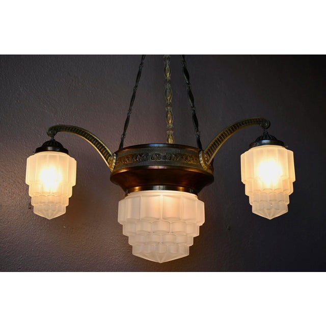 Art Deco Brass and Frosted Pressed Glass Chandelier, 1920s For Sale - Image 4 of 18