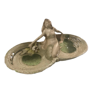 Art Nouveau Ernst Wahliss Amphora Nude Maiden With Lily Pads Large Tray