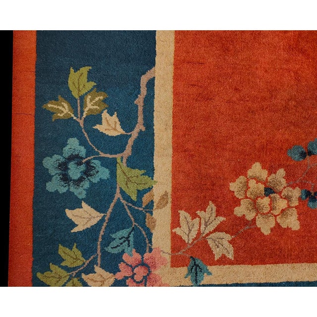 1920s Red Blue Floral Antique Chinese Art Deco Rug 8'10" X 11'8" Handknotted Wool Carpet For Sale - Image 4 of 6