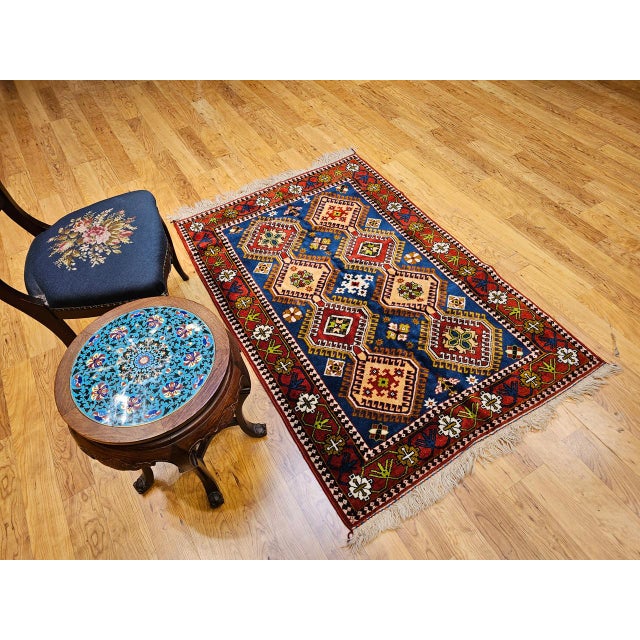 Blue Vintage Persian Shiraz Yalameh Tribal Area Rug, Hand-Knotted Wool, Allover Geometric Pattern, Blue & Red, 3x5 For Sale - Image 8 of 17