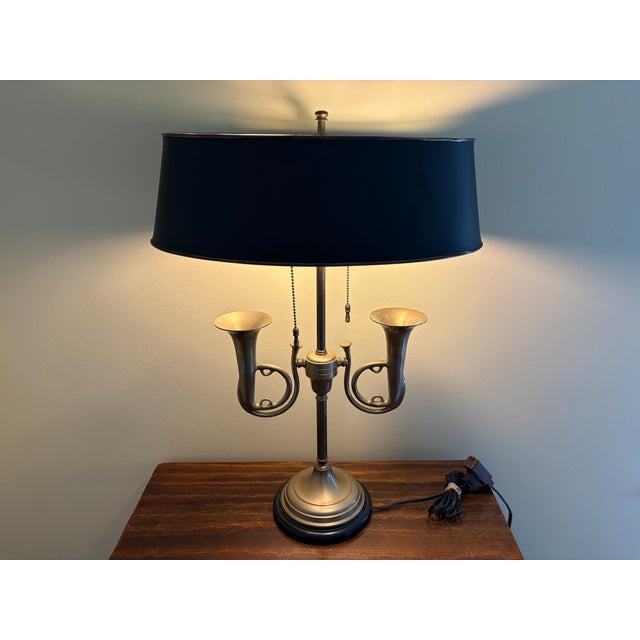 Mid 20th Century English Country Brass Horn Bouillotte Lamp With Black Tole Shade For Sale - Image 11 of 13