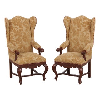 Pair French Oak Carved Wing Back Damask Chairs For Sale
