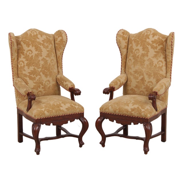 Pair French Oak Carved Wing Back Damask Chairs For Sale
