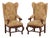 Pair French Oak Carved Wing Back Damask Chairs For Sale