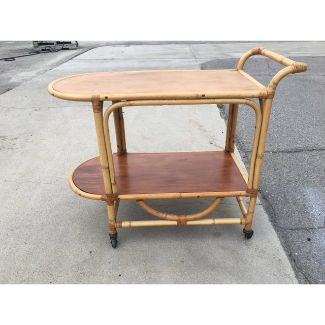 Restored Vintage Two-Tier Rattan and Mahogany Tombstone Bar Cart For Sale - Image 9 of 11