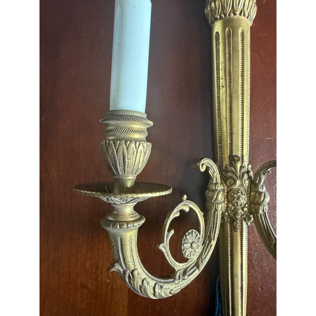 Metal Sconces Beautiful Vintage Neoclassic Brass / Bronze Dore’ With Torch Motif. Wired (Pair). For Sale - Image 7 of 8