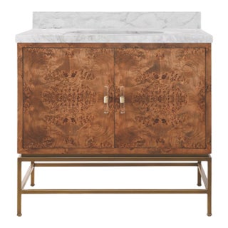 Matthew Izzo Home Clifford 36.5" Dark Burlwood Single Porcelain Sink, Two Door Bath Vanity With Carrara Marble, Brass Base and Acrylic Hardware For Sale