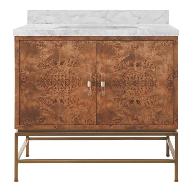 Matthew Izzo Home Clifford 36.5" Dark Burlwood Single Porcelain Sink, Two Door Bath Vanity With Carrara Marble, Brass Base and Acrylic Hardware For Sale