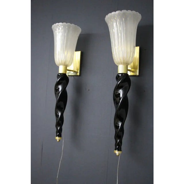 Gold and Black Murano Glass Sconces in the style of Barovier, 1990, Set of 2 For Sale - Image 16 of 17