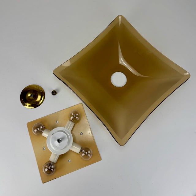 Metal Mid-Century Modern Brown Smoked Beveled Glass and Brass Flush Mount, 1970s For Sale - Image 7 of 10