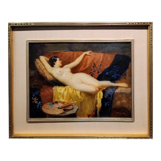 Joseph Tomanek- Nude Model in the Artist Studio-1920/30s Oil Painting For Sale