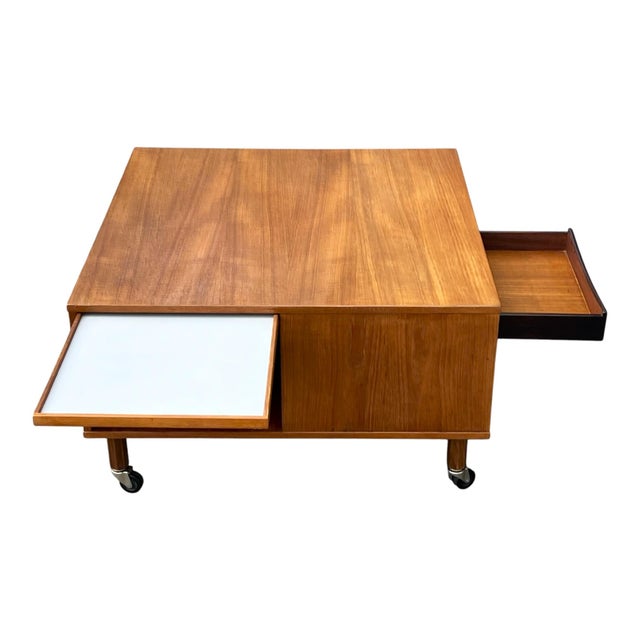 Mid-Century Modern 1960s Danish Lovig Square Coffee Table With Drawer, Open Shelves & Original Casters For Sale - Image 3 of 16