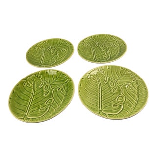 Late 20th Century Monterey Tropical Green Monstera Leaf Dinner Serving Plates - Set of 4 For Sale