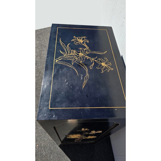 Wood Vintage Chinese Asian Black Lacquer Chinoiserie Cabinet Storage Side Table #2of2 For Sale - Image 7 of 15