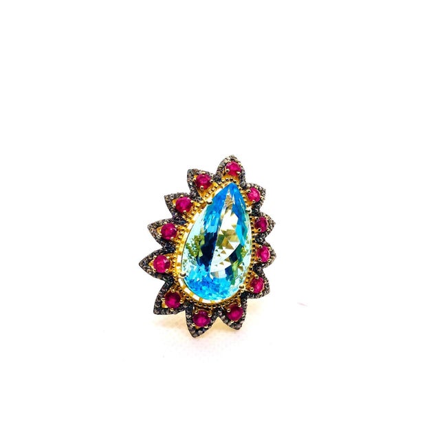 Bochic “Capri” Vintage Ruby, Blue Topaz & Diamond Ring Set In 18K Gold & Silver Natural Blue Pear Shape Topaz 14 carats...