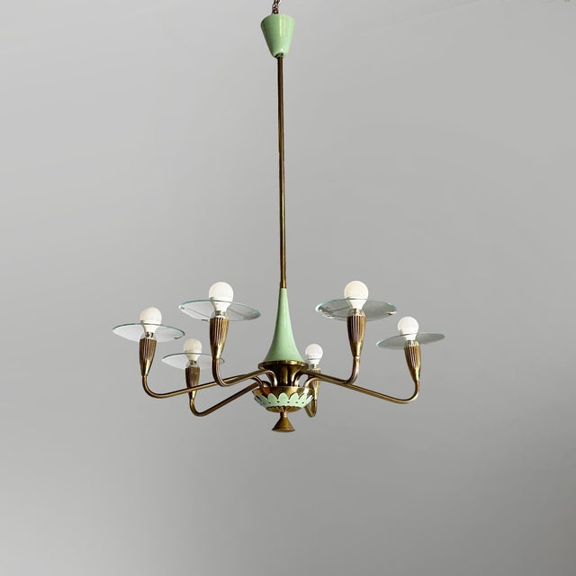 Mid-Century Modern Mid-Century Modern Italian Chandelier in Glass and Green Metal, 1950s For Sale - Image 3 of 16