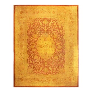 1890s Antique Gold Open Field Medallion Knotted Wool Indian Agra Decorative Rug For Sale