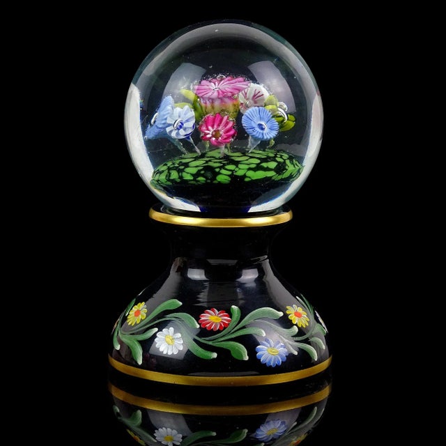 Mid-Century Modern Murano Millefiori Wild Flowers With Painted Pedestal Base Italian Art Glass Vintage Paperweight For Sale - Image 3 of 7