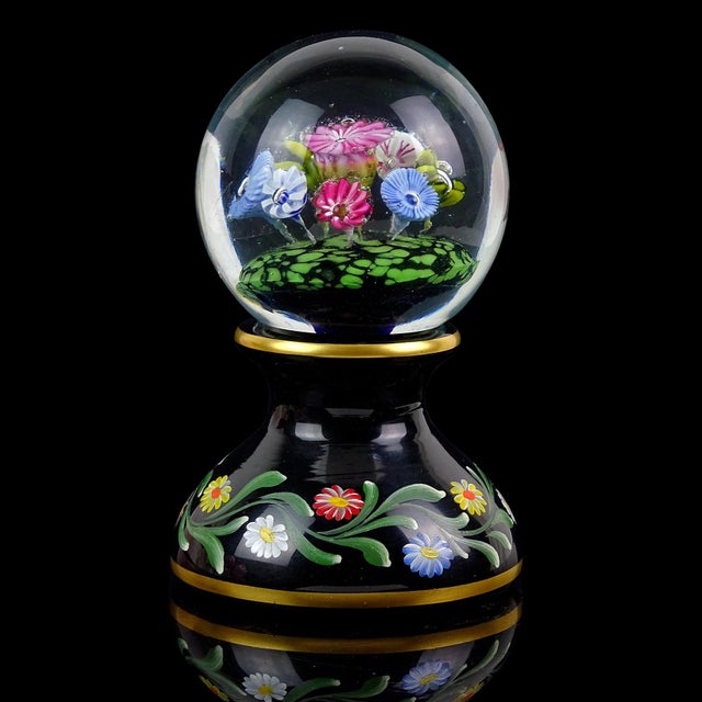 Mid-Century Modern Vintage Murano Millefiori Wild Flowers With Painted Pedestal Base Italian Art Glass Paperweight For Sale - Image 3 of 7