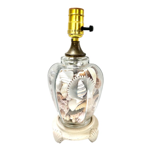 1980s Coastal Glass Table Lamp Filled With Natural Seashells For Sale