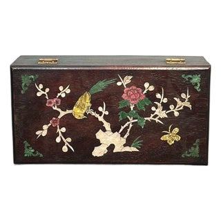 Blackwood Rectangular Storage Box, Mother of Pearl Bird, Peony & Butterfly Inlay, Chinoiserie Keepsake Box For Sale