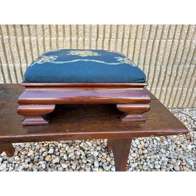 American Antique American Empire Mahogany Flower Needlepoint Small Ottoman For Sale - Image 3 of 9
