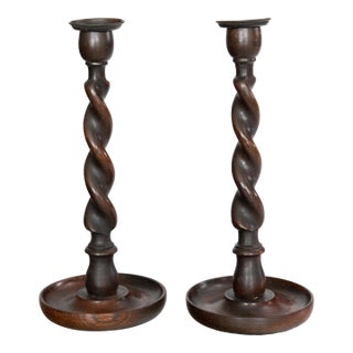Antique English Barley Twist Oak Candlesticks - A Pair For Sale