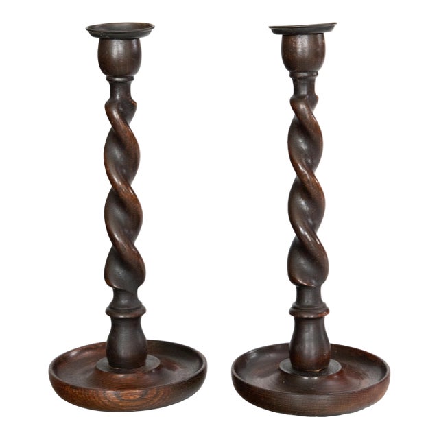 Antique English Barley Twist Oak Candlesticks - A Pair For Sale