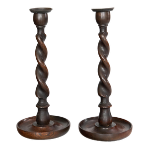 Antique English Barley Twist Oak Candlesticks - A Pair