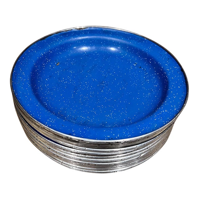 1960s Speckled Blue 15 Enamelware Plates Camping Dinnerware Mexico For Sale