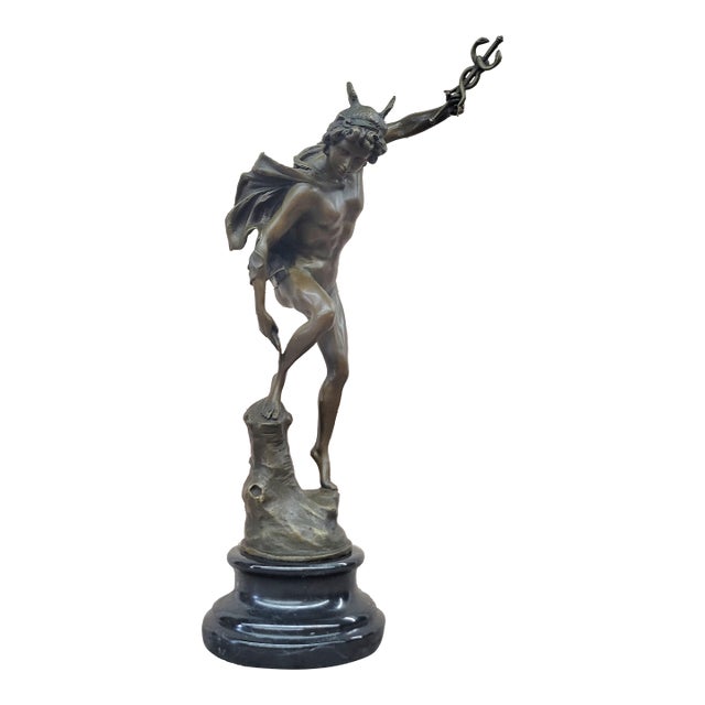 Flying Mercury Hermes w/ Caduceus Bronze Statue Sculpture Giambologna 20" x 11" For Sale
