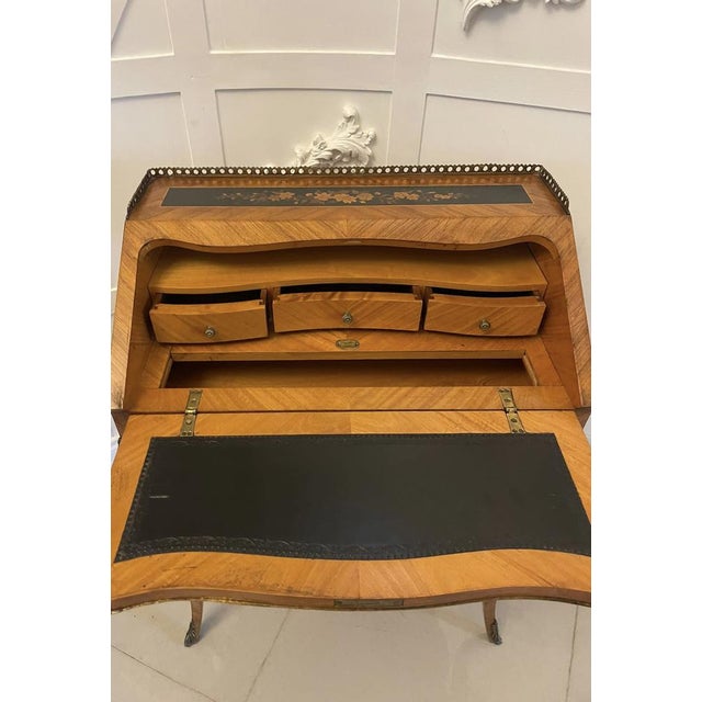 Wood Antique French Victorian Satinwood Freestanding Marquetry Inlaid Bureau 1880 For Sale - Image 7 of 16