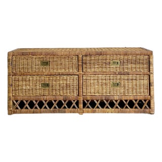 Vintage Boho Woven Rattan Trellis Low Credenza For Sale