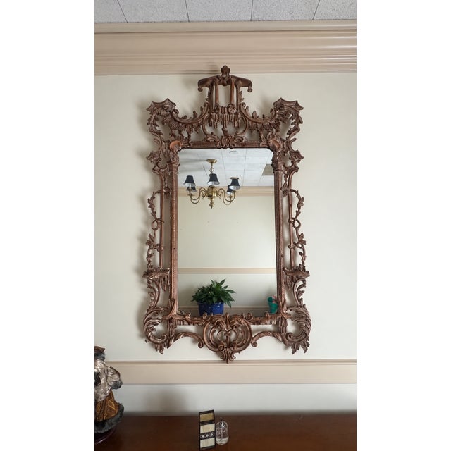 A striking vintage LaBarge wall mirror featuring an elaborate Chinese Chippendale-inspired pagoda form with beautifully...