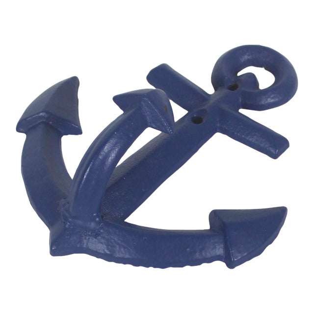Vintage Cast Iron Anchor Hook Coastal Nautical Beach House Style Blue For Sale