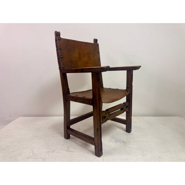 Vintage Spanish Walnut and Leather Armchair, 1950s For Sale - Image 12 of 16