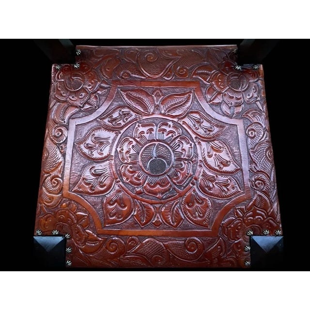 Wood On Hold - Vintage 1966 Spanish Hand Carved Walnut and Tooled Leather Chair For Sale - Image 7 of 13