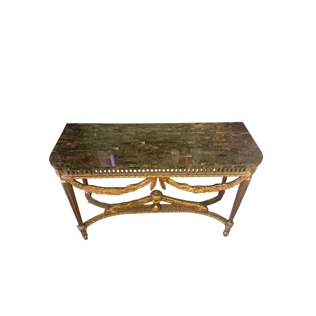 Gold Vintage Neoclassical Style Hall Table With Faux Green Marble Top For Sale - Image 8 of 9