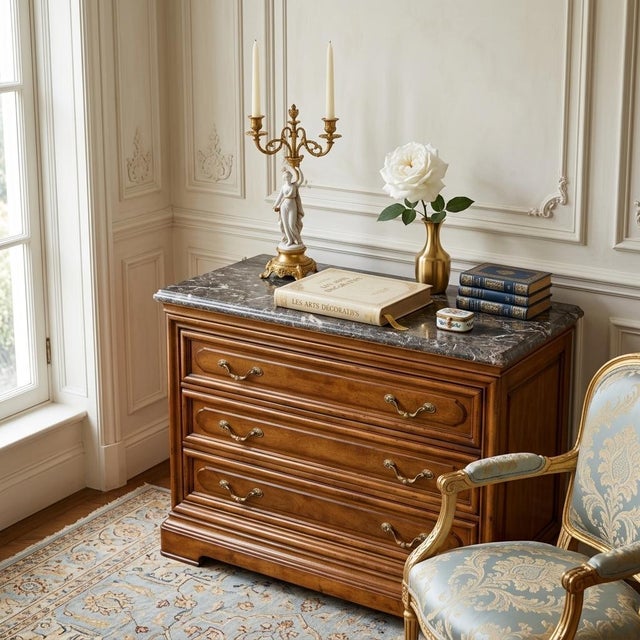 French Provincial 1980s Henredon French Provincial 3-Drawer Commode Chest With Italian Marble Top For Sale - Image 3 of 13