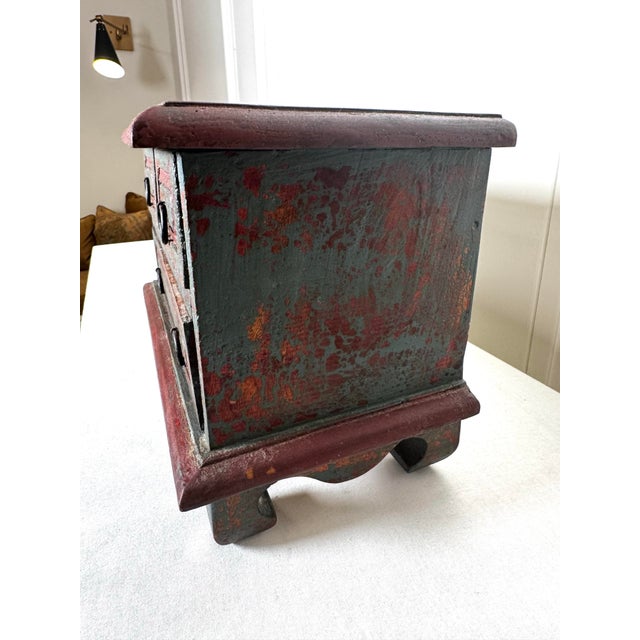 Vintage Asian Inspired Small Solid Wood Painted Apothecary Chest, Maroon, Burgundy, Forest Green For Sale - Image 9 of 12
