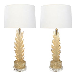 Pair Barovier & Toso Murano 1950s Gold Aventurine Leaf-Form Lamps For Sale