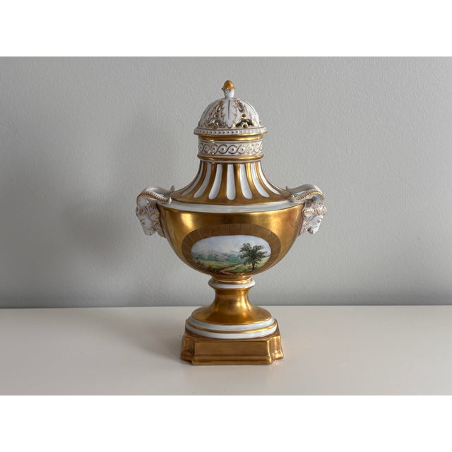 Antique Dresden Porcelain Urn Vase With Figural Ram Handles & Reticulated Lid For Sale - Image 9 of 12