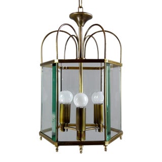 1960s Italian Three-Light Hexagonal Lantern, Brass and Beveled Glass For Sale