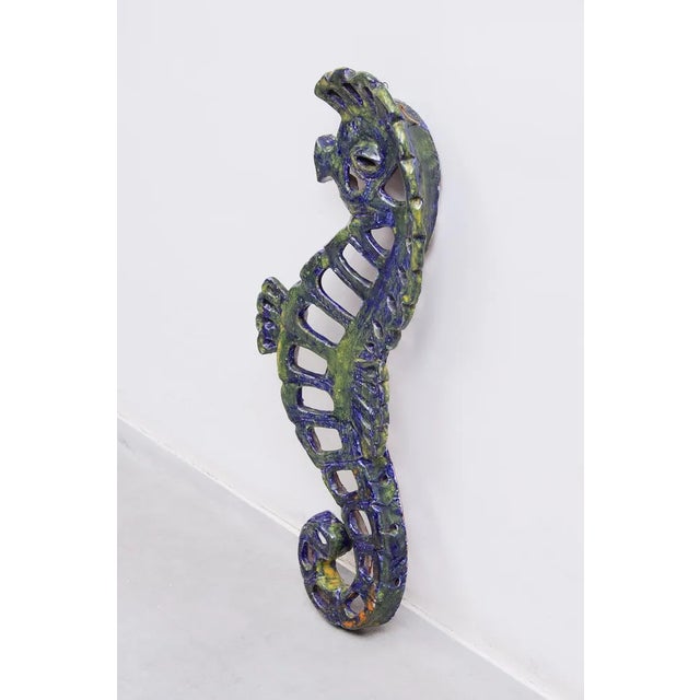 Vintage Blue Glazed Seahorse Wall Sculpture, 1970s For Sale - Image 3 of 10
