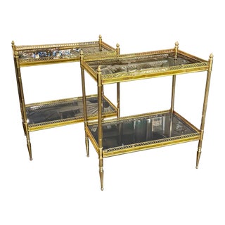 Pair of Jansen Manner Brass and Black Glass Tables For Sale