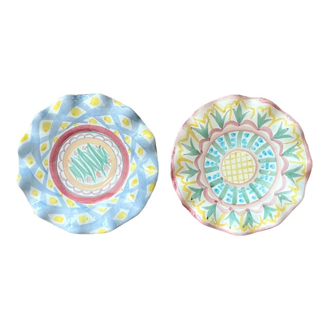 Vintage Regency Mackenzie Childs Glazed Ceramic Ruffle Plates - Set of 2- For Sale