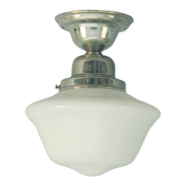 1990s Flush Mount White Cased Glass Globe Ceiling Fixture, Chromed Fitter Schoolhouse Look For Sale