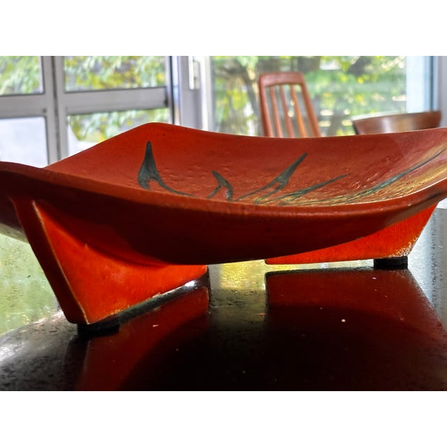 Large orange trinket tray, signed and dated 1953, by Odette Guillotine, in perfect condition. This piece has an...